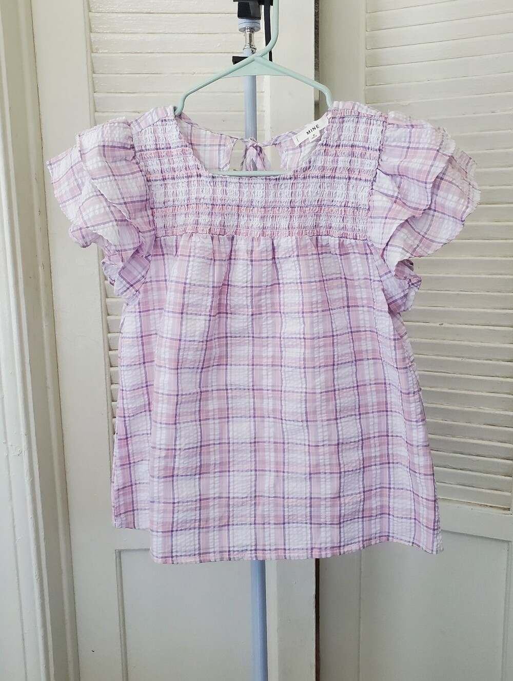 Mine Purple Plaid Smocked Ruffle Blouse Size S